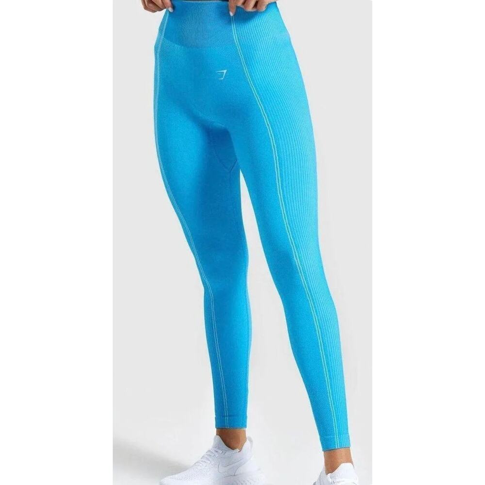 Gymshark Flex Seamless Leggings Blue XS New High Waist Ribbed Panel Workout Pant